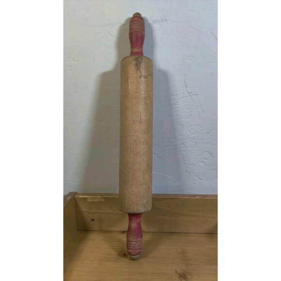 Vintage Wood Rolling Pin Red Handles 17" Farmhouse Primitive Kitchen Rustic - Picture 1 of 7